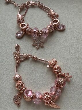 Rose Gold Charm Bracelet with Pink Crystal Beads BUNDLE OF 2 -Hypoallergenic